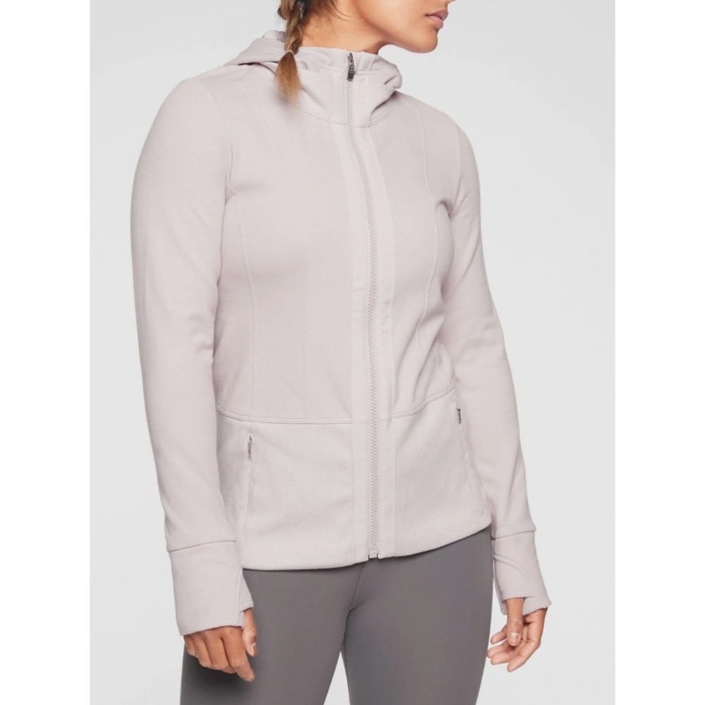 Athleta Womens Blush Pink Full Zip Hooded Fleece Jacket Thumbholes Size M